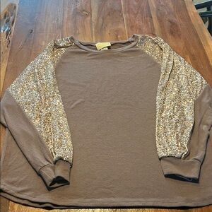 Judith March Taupe Knit Top with glitter sleeves